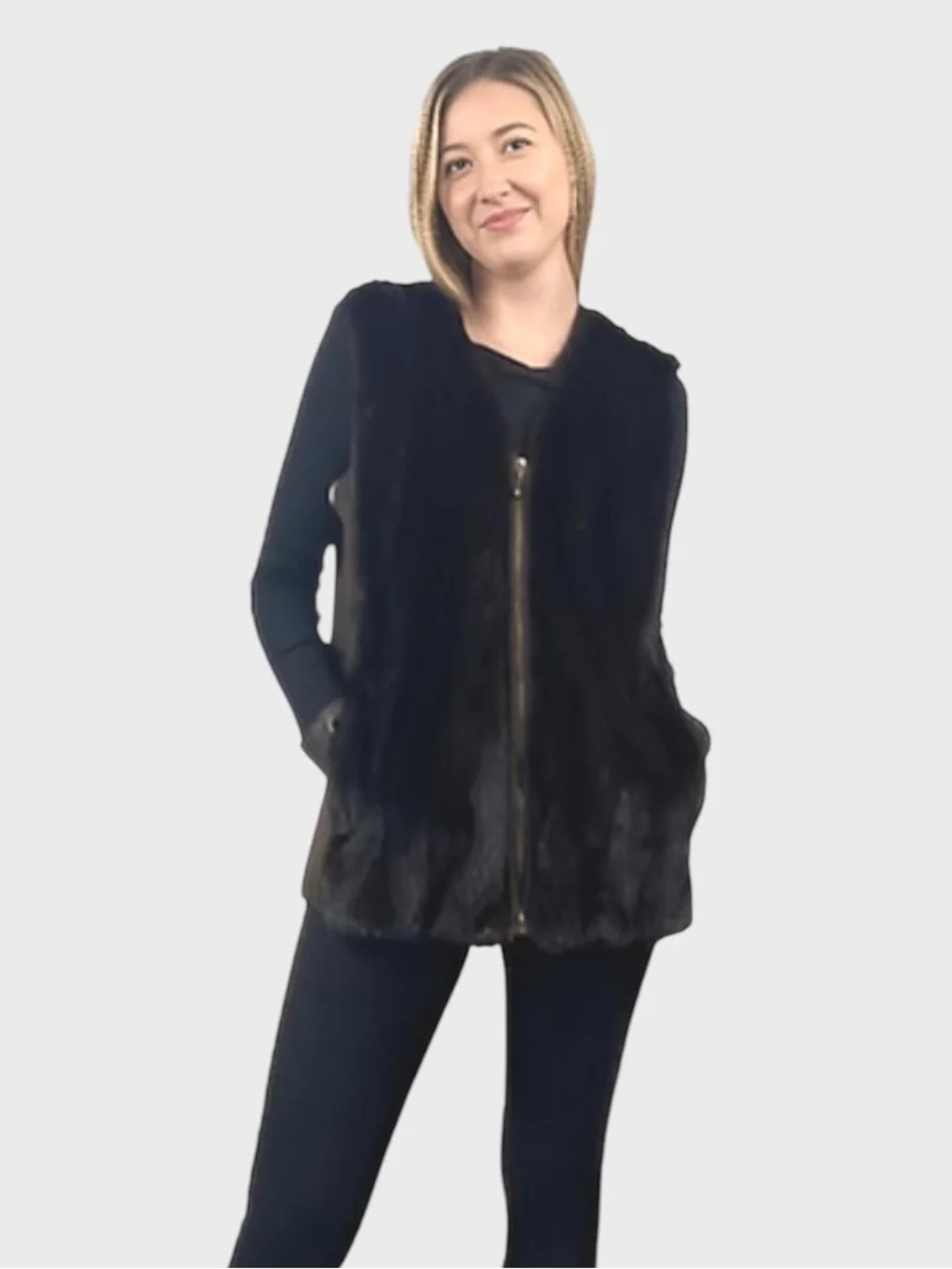 Dark Brown Upcycled Mink Front panels Zip-Front Vest brown wool back- Women